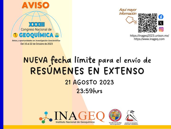 inageqmx's tweet photo. @El INAGEQ informa que se cuenta con una nueva fecha límite de recepción de RESÚMENES EN EXTENSO
Lunes 21 de agosto antes de las 23:59 hrs
PARA MAYOR INFORMACIÓN
Página del XXXIII Congreso Nacional de Geoquímica: https://t.co/qXvf5z0O9Z
https://t.co/Y44FTgUxaB

TE ESPERAMOS https://t.co/PlqTlaBjPd