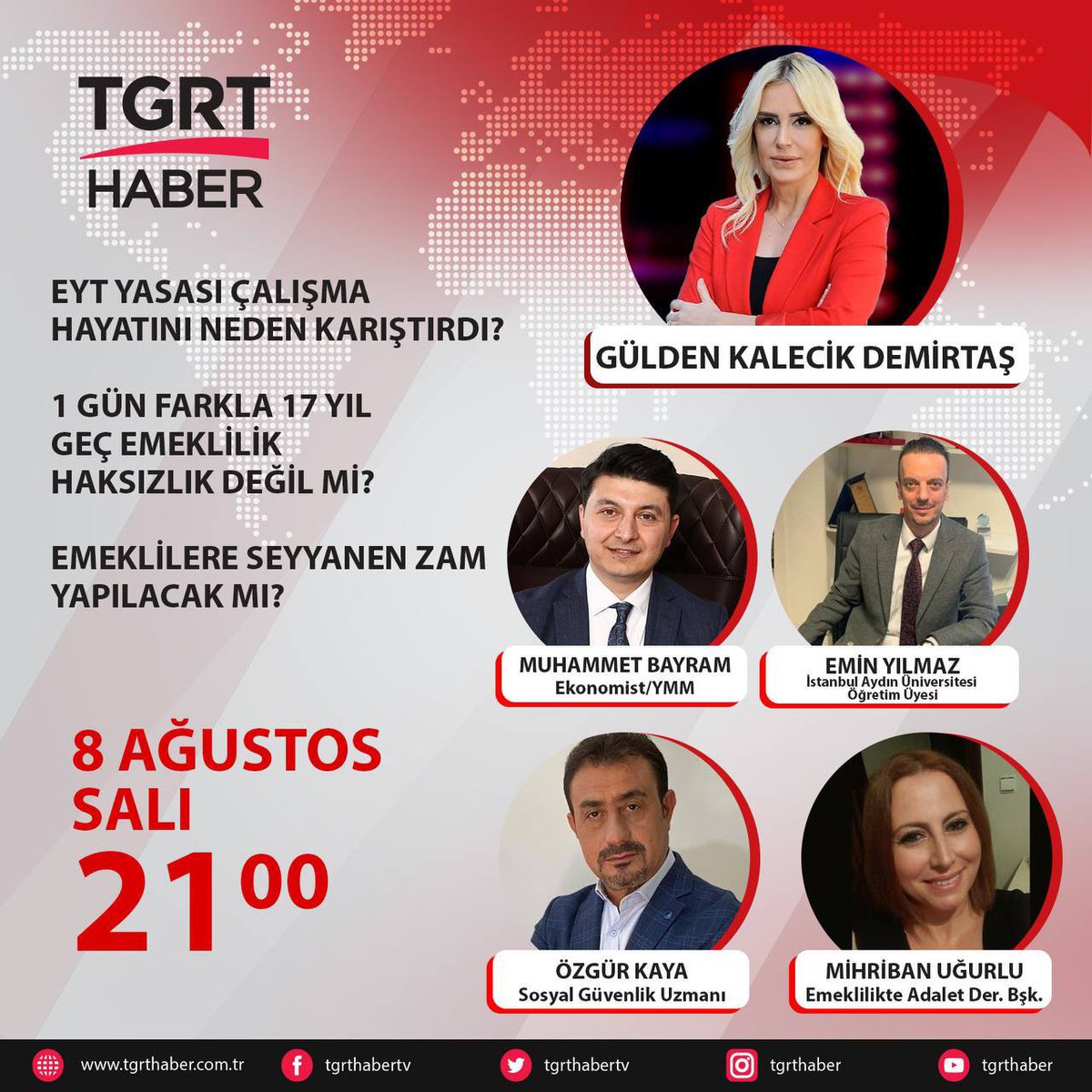 Bu akşam saat 21.00’da <a href="/EmadDernegi/">EMEKLİLİKTE ADALET DERNEĞİ ⚖️</a> Başkanı Sayın Mihriban Uğurlu’nun <a href="/mihribanugurluu/">Mihriban UĞURLU ⚖️</a> katılımı İle 
Gülden Kalecik Demirtaş’ın @kalecikgulden  sunumuyla
TGRT Haber televizyonundaki  <a href="/tgrthabertv/">TGRT HABER</a> programa, 
8 Eylül 1999 sonrası girişli SGK’lıların taleplerini konuşmak üzere