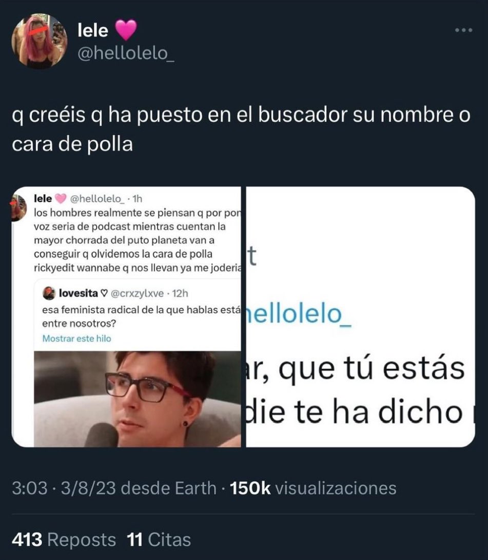 rickyedit's tweet photo. lele ha estado quejándose sobre su físico durante años.

lele decidió atacar al mío (y lo sigue haciendo) de forma gratuita.

lele ha protagonizado mi escarmiento de esta semana.

lele está llorando desde una triste candado, aprendiendo lo que significa la palabra "consecuencias".

no seas como lele.