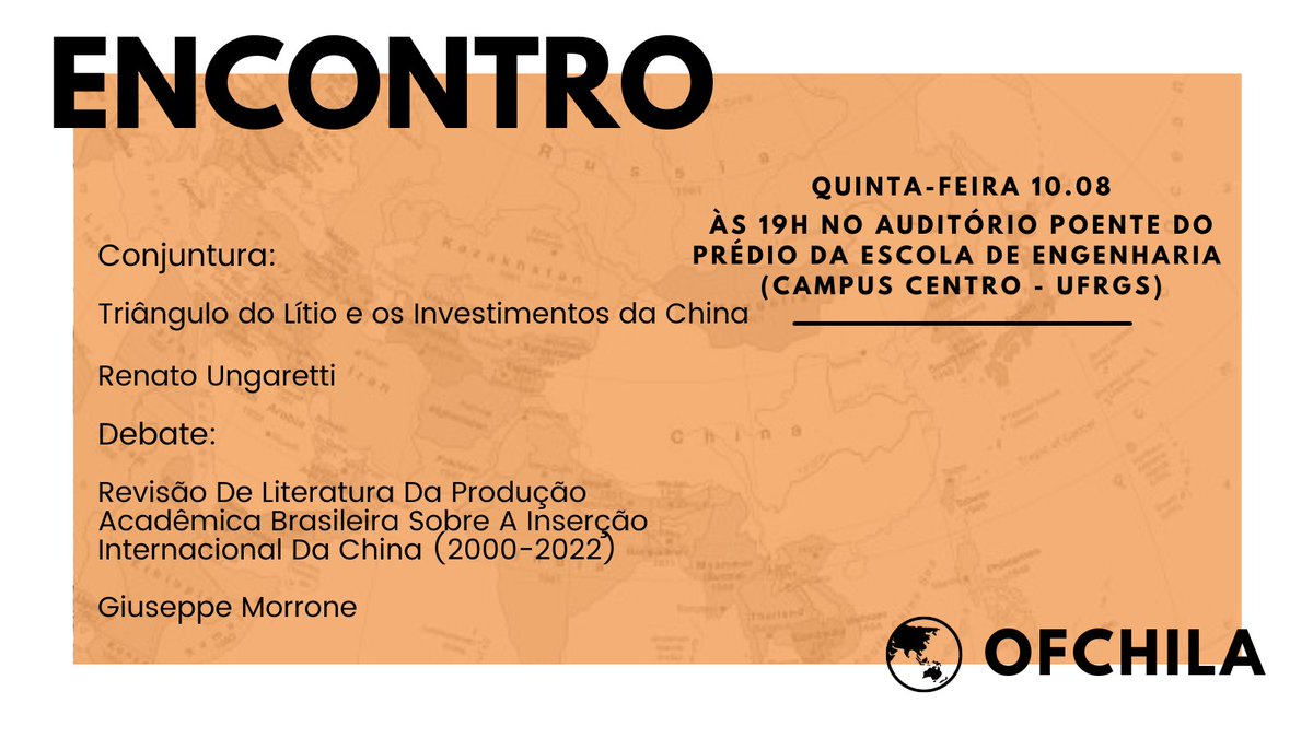 📢 Dia 10.08, às 19h, a <a href="/_ofchila/">OfChiLA</a> realizará mais um encontro neste semestre!     

📷 Receberemos Renato Ungaretti e Giuseppe Morrone para uma apresentação de conjuntura e um debate! 

Nos encontraremos no Prédio Centenário da Escola de Engenharia - UFRGS