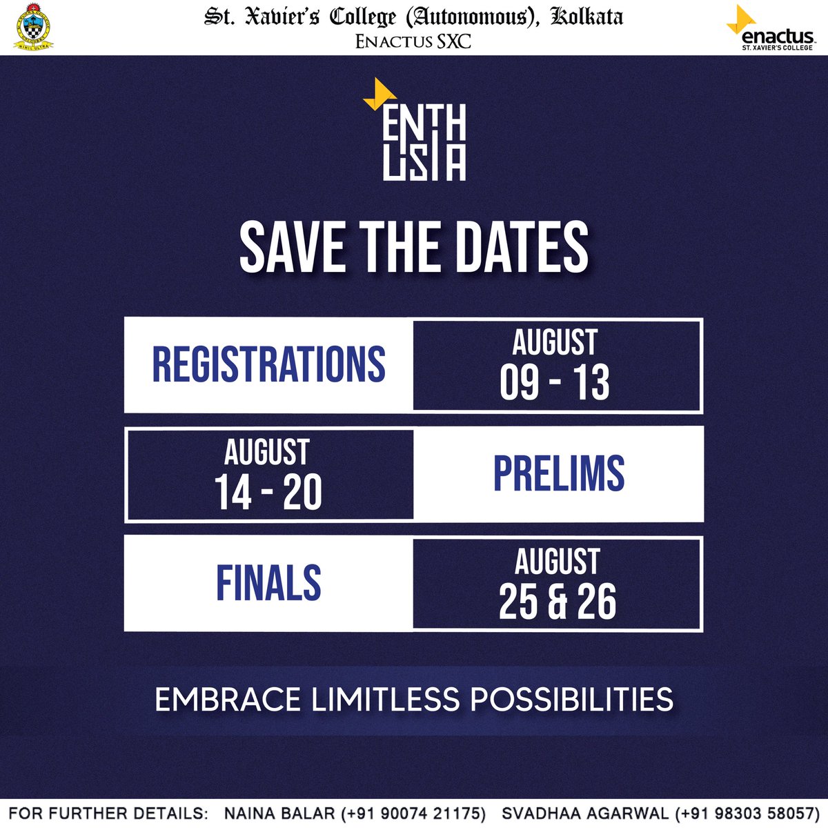 Enactus_sxc's tweet photo. "Success isn't final, failure not fatal. It's the courage to persist that matters." 

Gear up for an exciting journey as Enactus SXC reveals the schedule for Enthusia’23.

Enactus SXC
Seeking Possibilities
Taking Action
Enabling Progress. https://t.co/KkB2oej367