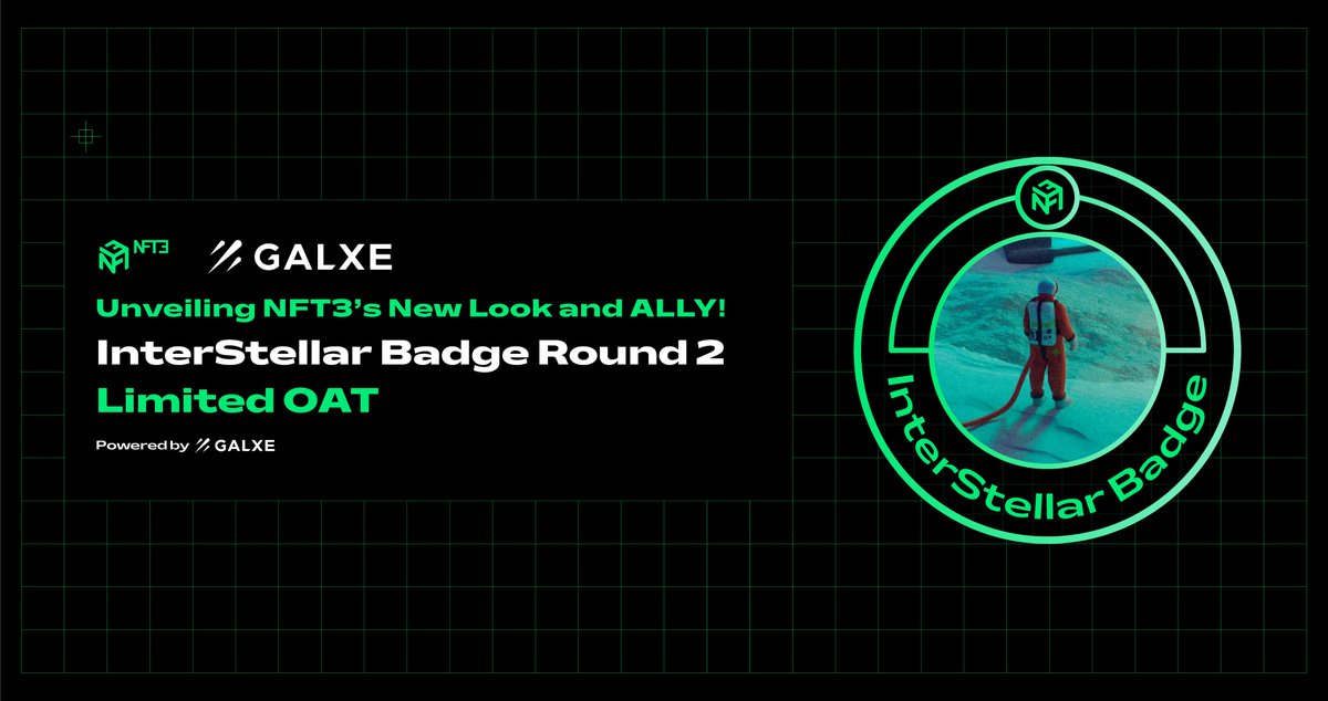 👽 InterStellar Identity OAT Round2️⃣ LIVE on <a href="/Galxe/">Galxe</a>

🛸 Unveiling <a href="/NFT3com/">NFT3</a> New Look and ALLY!!

🤝 Join us in this #Galxe OAT campaign &amp; build your #DID.

#️⃣ Limited #OAT. QUICK!!
⛽️ Gas Fees Covered, as always
✅ GO! 👉 galxe.com/NFT3/campaign/…

#Galxe #Airdrop #Giveaways