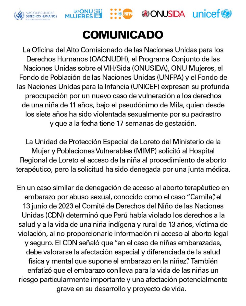 ONUPeru's tweet photo. .@OACNUDHPeru, @UnaidsLac, @ONUMujeres, @UNFPAPeru y @UNICEFperu expresan su profunda preocupación por un nuevo caso de vulneración a los derechos de una niña de 11 años, bajo el pseudónimo de Mila.
Lee el pronunciamiento aquí:
https://t.co/iTxIcHdhR4 https://t.co/QcxBBUoFl3