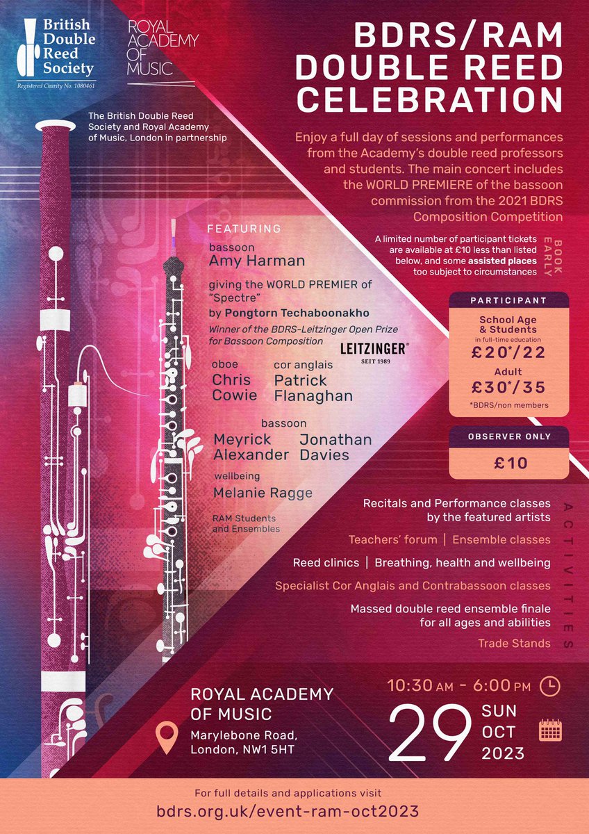 CALLING ALL #OBOE &amp; #BASSOON PLAYERS!🎶 Don't miss the Double Reed Celebration, hosted by <a href="/RoyalAcadMusic/">Royal Academy of Music</a> and <a href="/BDRSoc/">British Double Reed Society</a> on 29 Oct 2023. 🎉 There'll be fab performances, classes and workshops. 🎼 Grab an early bird ticket here: bdrs.org.uk/event-ram-oct2… #DoubleReedCelebration