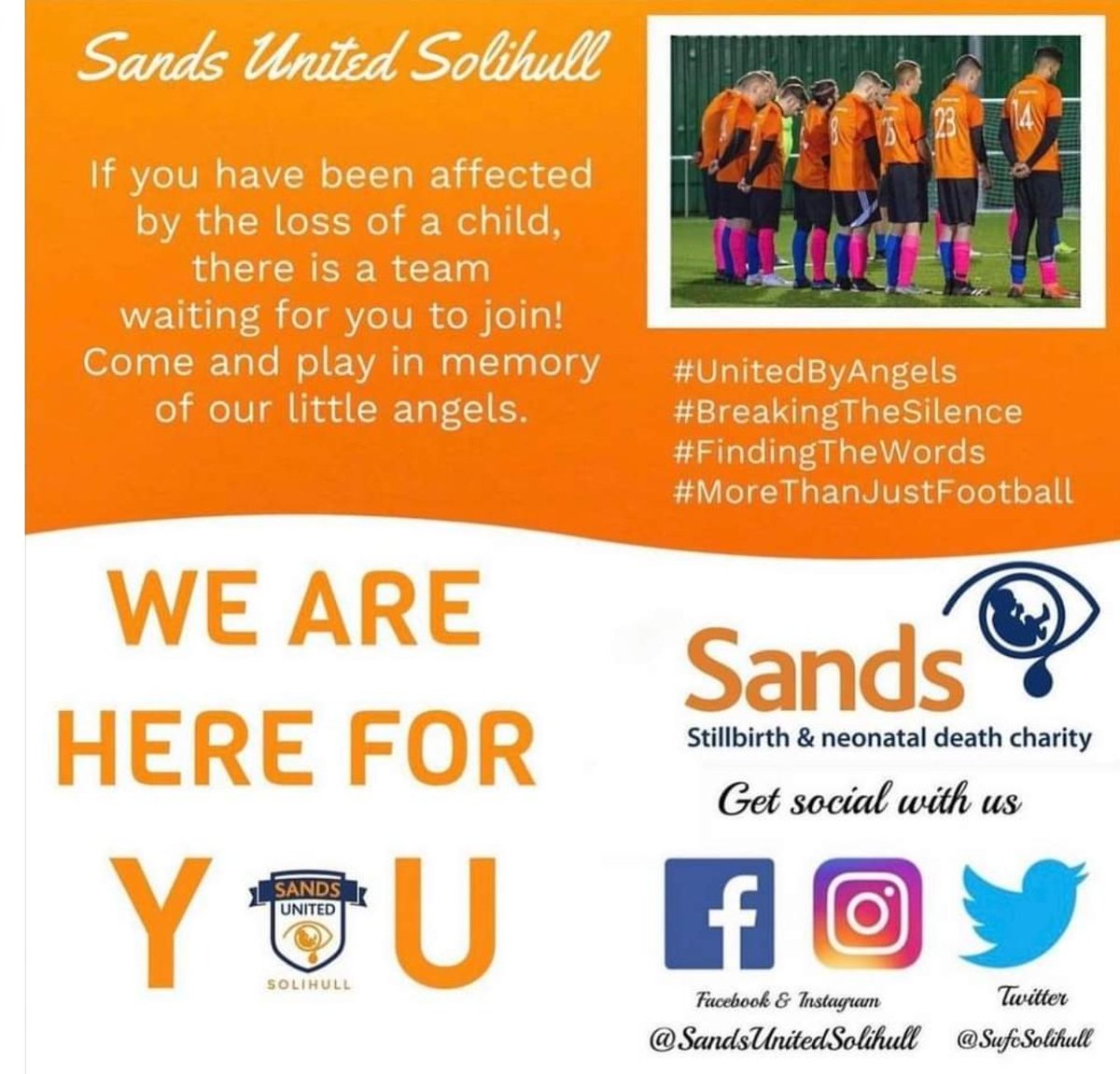 🧡 were here for you 💙

Come and have a relaxed kickabout and socialise, make some new friends along the way. No need to be able to play football, come down and chat to men who are on the same journey, our solical football is supported by <a href="/MoorsFoundation/">Solihull Moors Foundation</a> <a href="/SandsUK/">Sands - baby loss charity 💜🧡</a>