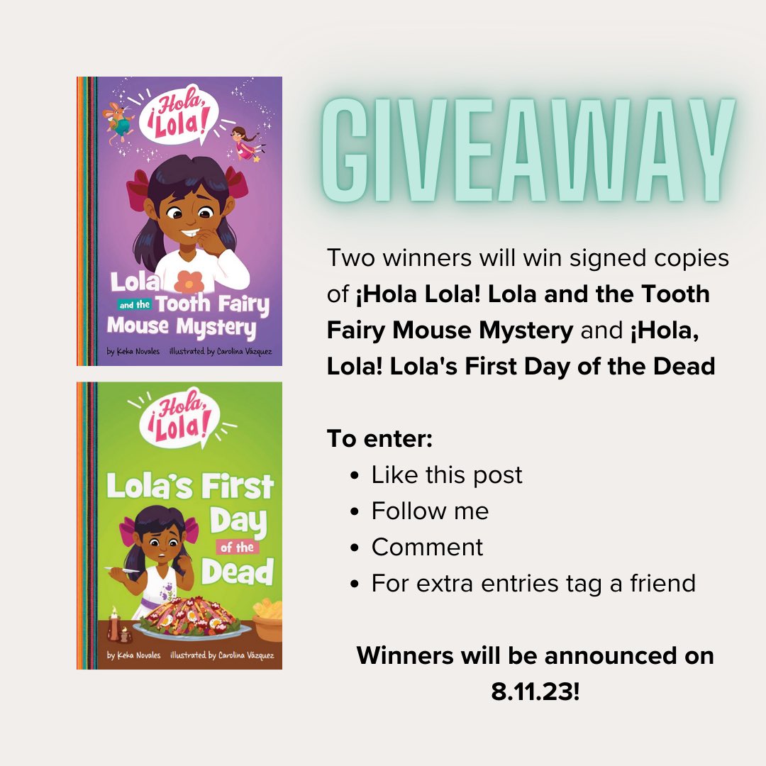 To celebrate the launch of the two new titles in the ¡Hola, Lola! Series <a href="/capstonepub/">Capstone 📚</a> illustrated <a href="/carov_art/">Carolina Vázquez</a> I’m doing a giveaway!
To enter:
1. Like &amp; RT 2. Follow me 3. Comment 4. Tag a friend for extra entries  Winners will be announced 8.11.23! #GiveawayAlert #booklovers