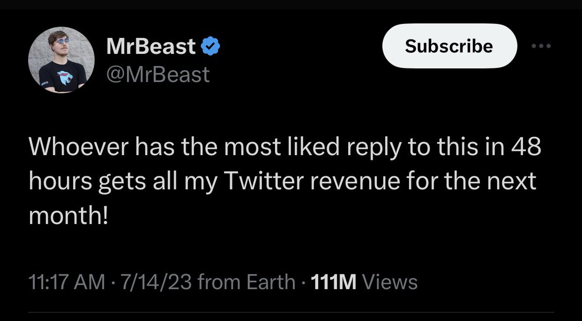 A quick reminder that @MrBeast promised whoever had the most liked reply to  this tweet will get his first X(Twitter) revenue for this month. Guess who  had the most liked comment in