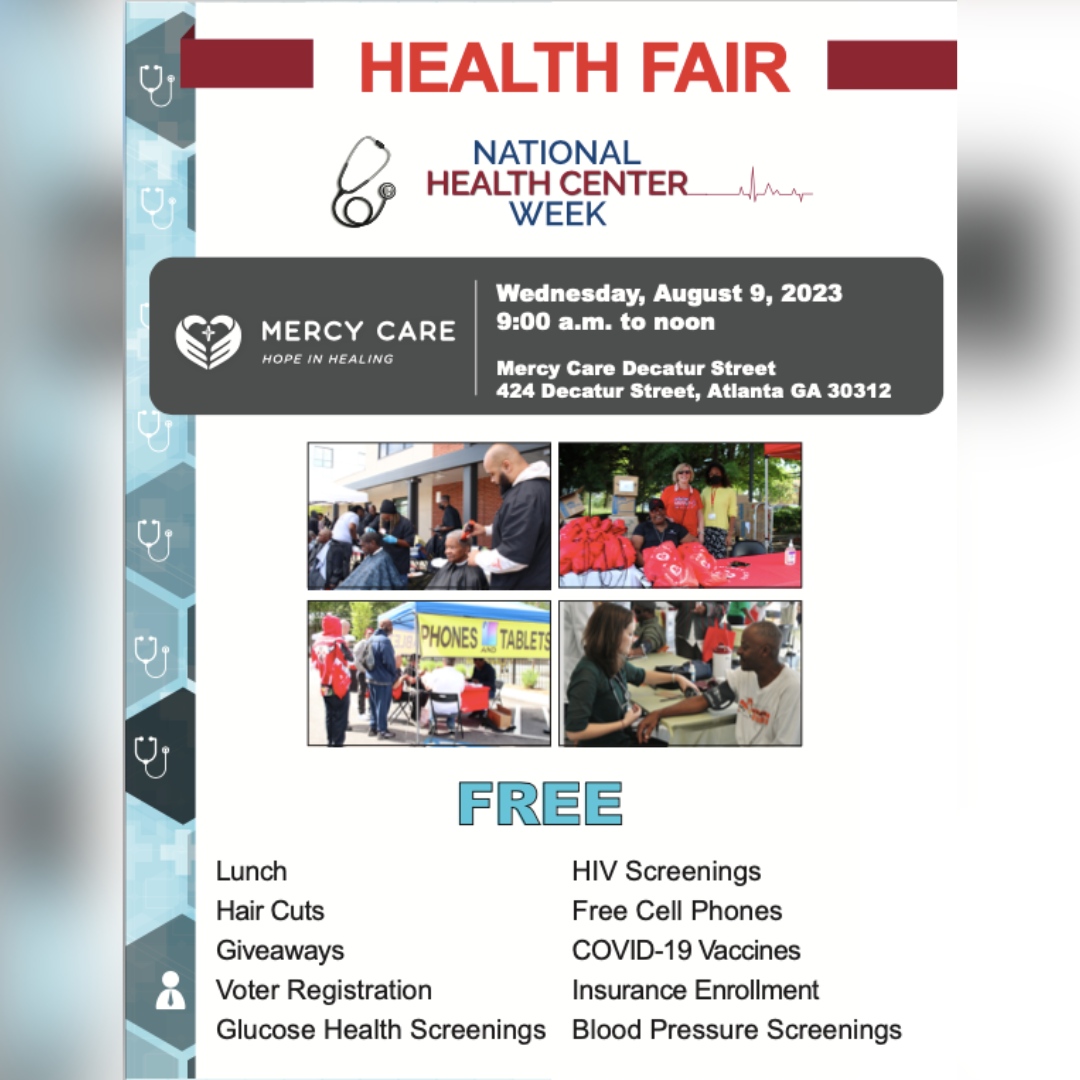 TOMORROW join us at @MercyAtlanta's Health Fair from 9am-12pm. Enjoy FREE health screenings, lunch, giveaways, and more. Let's #StopCOVID19 together and prioritize our well-being. See you there! 🧡 #NationalHealthCenterWeek #HealthFair #Atlanta