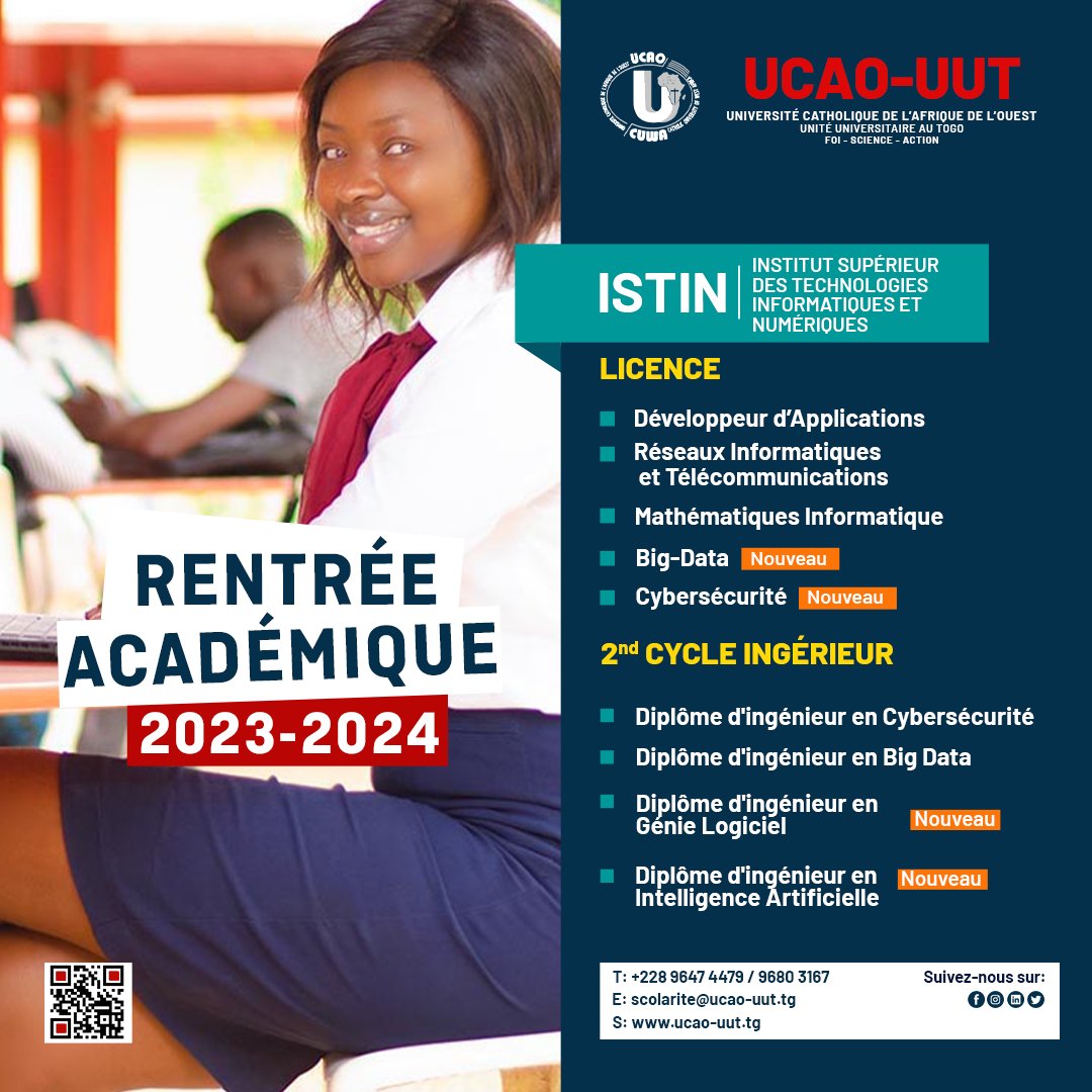 L'UCAO lances de nouvelles filières 
-LICENCE EN COMMUNICATION DIGITALE
-LICENCE EN JOURNALISME  AUDIO-VISUEL-MULTIMEDIA
-LICENCE EN BIG DATA
-LICENCE EN CYBERSECURITE
Et en cycle ingénieur
DIPLOME D’INGENIEUR EN GENIE LOGICIEL
DIPLOME D’INGENIEUR EN INTELIGENCE ARTIFICIELLE.