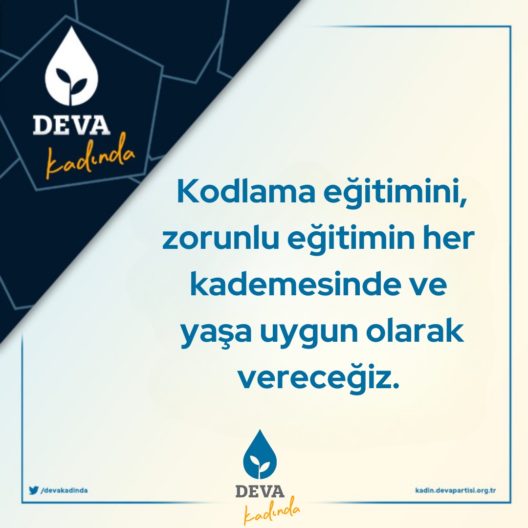 devakadinda's tweet photo. Veri okuma, sosyal medya okuryazarlığı ve güvenli internet kullanımını ilköğretimden itibaren 
her yaş grubuna uygun seviyelerde müfredata koyacağız. Kodlama eğitimini, zorunlu eğitimin 
her kademesinde ve yaşa uygun olarak vereceğiz. 

#DEVAkadında @devapartisi 💧🌱 https://t.co/VlHc3DSJYw