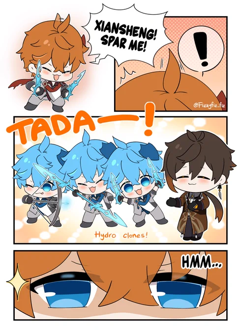 Taru and his hydro clones🫧 (I hope we get to see hydro eidolons again in Fontaine 🥹)  I'm slightly late but, congrats on Tartali rerun banner!!✨✨ #GenshinImpact #原神 #Tartaglia #Childe #Zhongli #Tartali