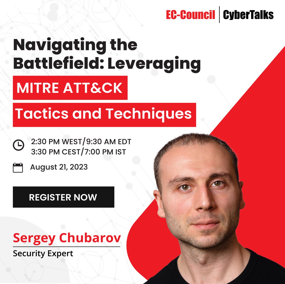 ECCOUNCIL's tweet image. On August 21st, join our #Webinar with Sergey Chubarov as he discusses how security teams can use MITRE ATT&amp;amp;CKs TTPS to help with their cyber risk analysis. Register now: bit.ly/3O3yAHw  

#EthicalHacking #MitreAttack #ECCouncil #Cybersecurity