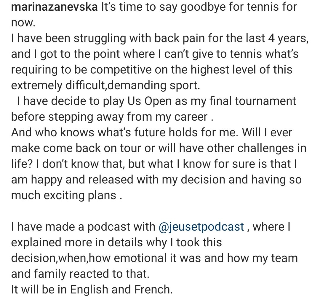 Diego_Barbiani's tweet photo. 29yo Maryna Zanevska announced that the US Open will be her last tournament due to continuous back pain
CHR #62, winner of one WTA title (the '250' event in Gdynia, in 2021), said she explained her decision on a podcast and apologised with the media for not answering them earlier https://t.co/Oi6lwrGTih