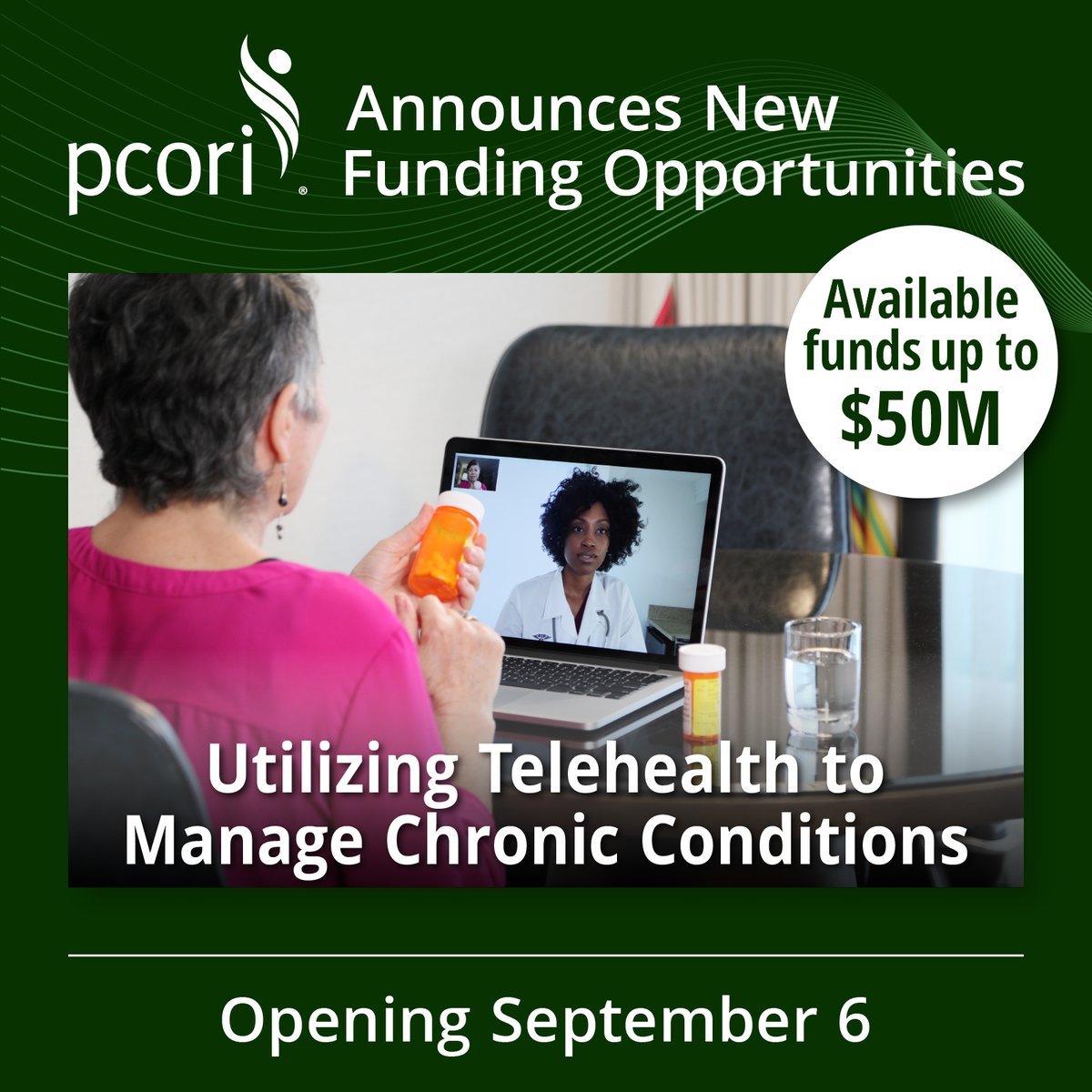 PCORI's tweet photo. PCORI will be seeking #CER studies on the use of #telehealth to optimize care management of #multiplechronicconditions in primary care, particularly among vulnerable populations.
Funding center opens Sept. 6.
Learn more: https://t.co/toa7JkRiLl https://t.co/HM0XHhiroE