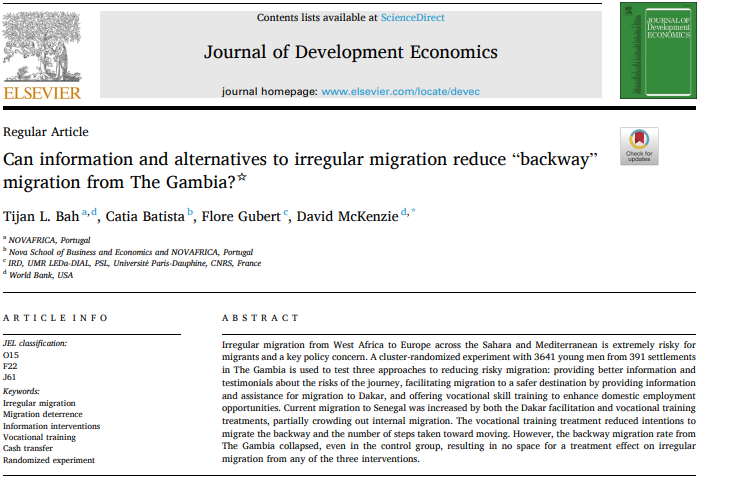 NOVAFRICA (@novafrica) on Twitter photo The paper "Can information and alternatives to irregular migration reduce “backway” migration from The Gambia? " by <a href="/cbatista_econ/">Catia Batista</a> joint with <a href="/tijanl/">Tijan L. Bah</a> <a href="/GubertF/">Flore Gubert</a> <a href="/dmckenzie001/">David McKenzie</a> is now published in The Journal of Development Economics.
➡️ doi.org/10.1016/j.jdev…
#EconTwitter The paper "Can information and alternatives to irregular migration reduce “backway” migration from The Gambia? " by <a href="/cbatista_econ/">Catia Batista</a> joint with <a href="/tijanl/">Tijan L. Bah</a> <a href="/GubertF/">Flore Gubert</a> <a href="/dmckenzie001/">David McKenzie</a> is now published in The Journal of Development Economics.
➡️ doi.org/10.1016/j.jdev…
#EconTwitter