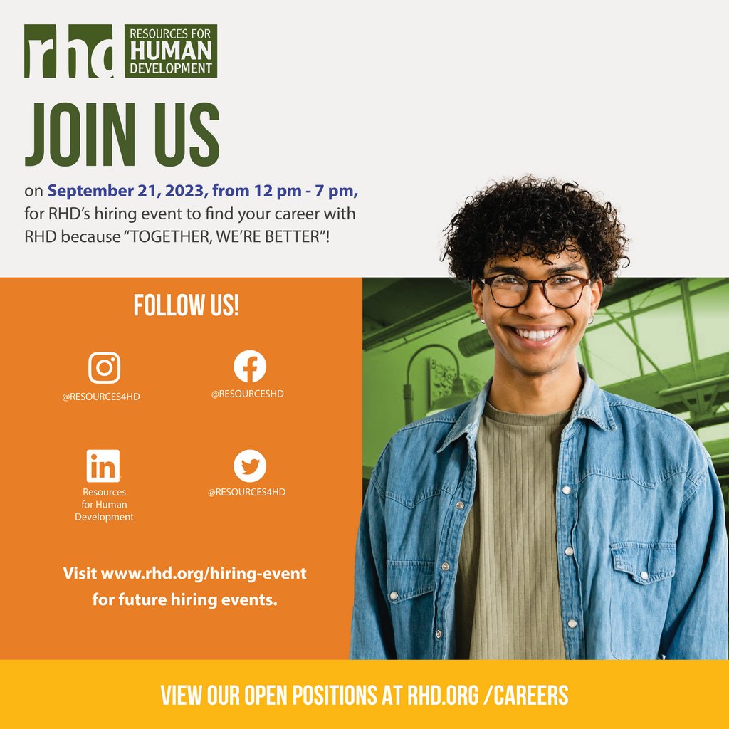 Mark your calendars for #RHD’s next #HiringEvent!

Join us for on the spot interviews, application assistance, and meeting our teams. Follow us or subscribe to RHD’s newsletter, Connections, for updates as we get closer to the event!

#Career #HumanServices #Nonprofit