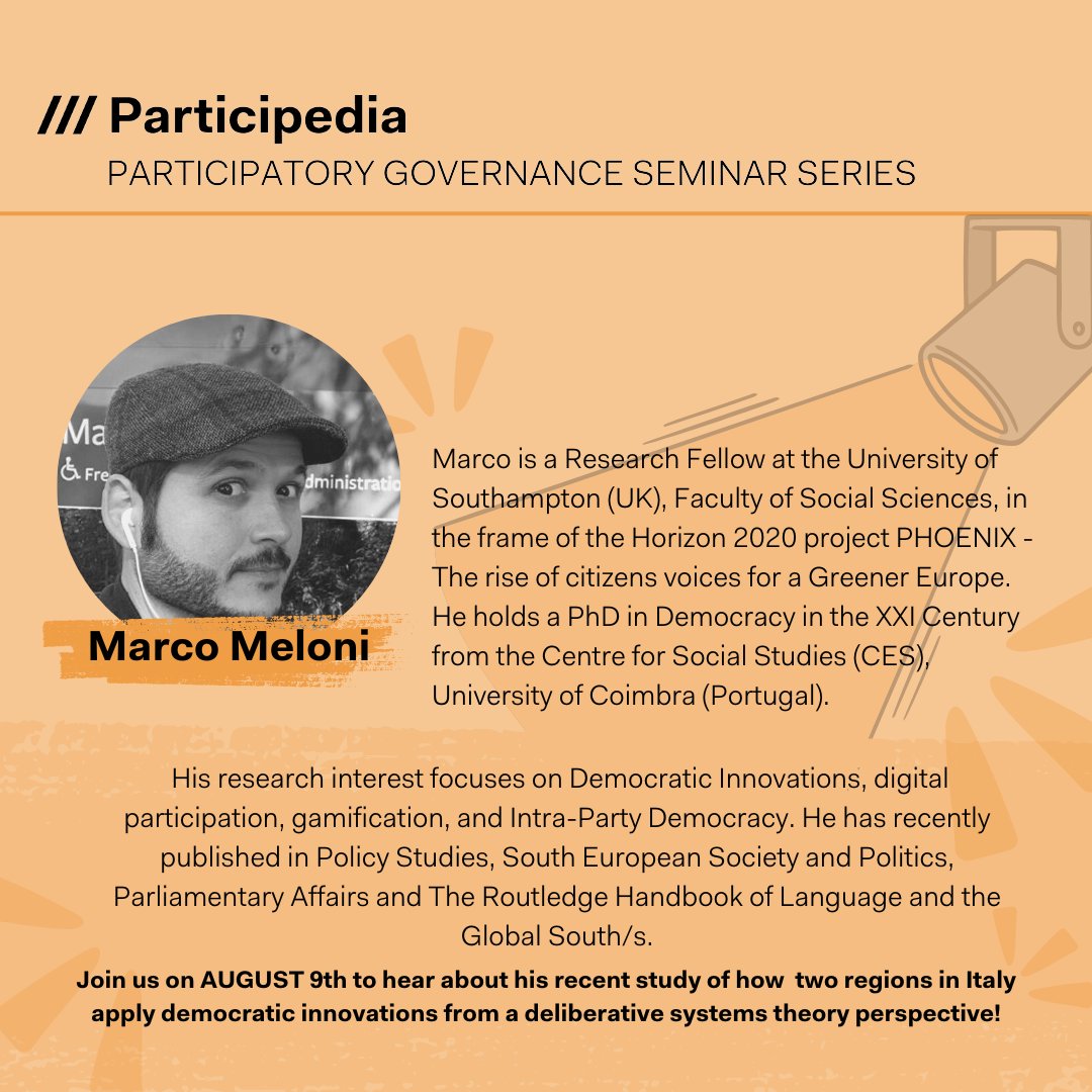 participedia's tweet photo. Our next #ParticipatoryGovernance seminar is TOMORROW, August 9th! Check out our speaker spotlight on Marco Meloni for a sneak peak into tomorrow’s discussion. You won’t want to miss this talk!
Register: https://t.co/00ckhBbKmn
#democracy #seminarseries #deldem https://t.co/CVoqwybzPp
