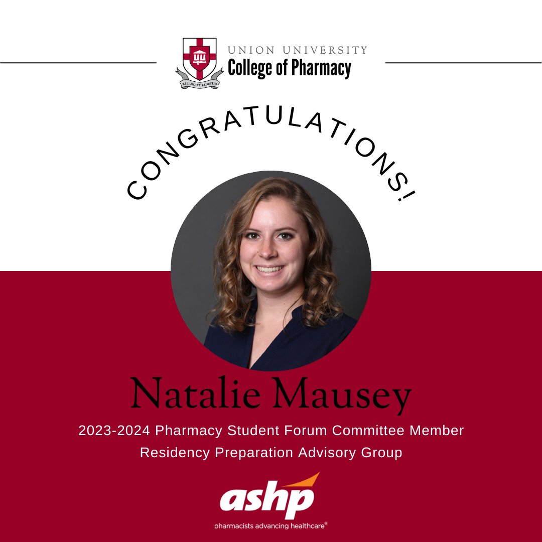 uupharmacy's tweet photo. Congratulations to P4 student Natalie Mausey, who was appointed to serve on ASHP's Pharmacy Student Forum Residency Preparation Advisory Group! Natalie will assist in initiative and educational development and represent the Forum at various events throughout the year. https://t.co/jF8yk6M2Z1