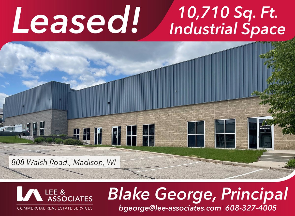 MADISON – Lee & Associates Madison announces the leasing of a 10,710 sq. ft. industrial space located at 808 Walsh Road in Madison, Wisconsin. Blake George of Lee & Associates Madison negotiated the lease in the transaction.
lee-associates.com/madison/news/

#CRENews #industrialleasing