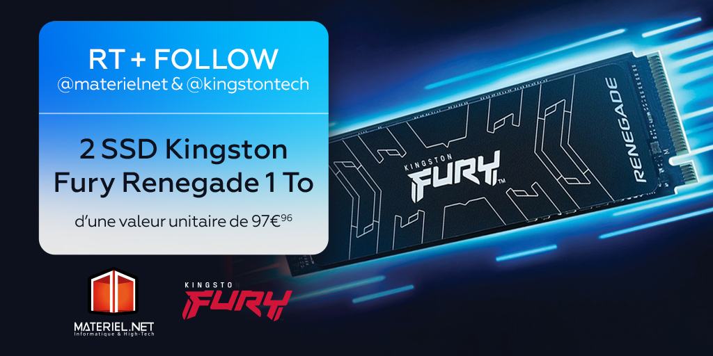 🎁 𝐂𝐎𝐍𝐂𝐎𝐔𝐑𝐒 🎁

💥 On met en jeu 2 SSD #KingstonFury Renegade 1 To d'une valeur de 97€96 👉 bit.ly/3Zd3voq

➡️ RT + Follow @materielnet & @kingstontech pour tenter d'en remporter un 🤞

🎰 Tirage le 21/08
📋 Règlement : bit.ly/3qdBfqs