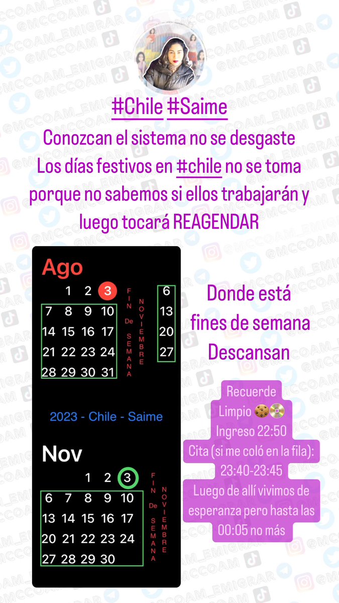 mccoam's tweet photo. @VenezuelaSaime Repito #Saime #chile aquí el horario del mes activo! Entenderlo le ahorrará DESGASTE https://t.co/6jS5C1pa2s