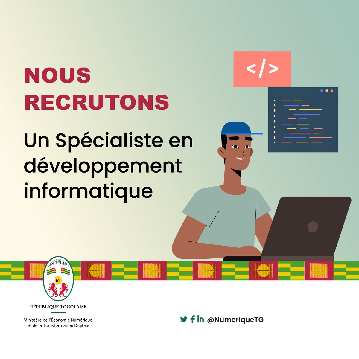 NumeriqueTG's tweet photo. 🔴 #JobAlert 
Le @NumeriqueTG recherche un(e) Spécialiste en Développement Web.🚀

🔍 Plus d'infos 👉 [https://t.co/TFRswFzA1c]

📅 18/08/2023 à 17 heures 30 TU

#TogoDigital2025
#DéveloppementWeb #TogoDigital #JobAlert https://t.co/Fow4Db2xYM