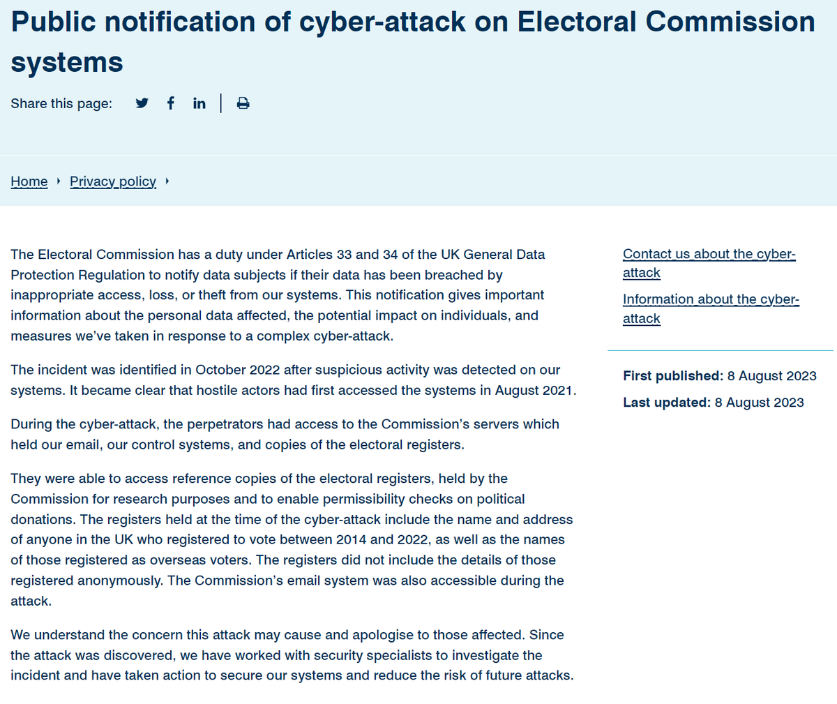 Sytec's tweet photo. UK's Electoral Commission

"During the cyber-attack, [they] had access to the Commission’s servers which held our email, our control systems, &amp; copies of the electoral registers"
 
https://t.co/xA6xN8Rk5o https://t.co/CCgWbck7Kh