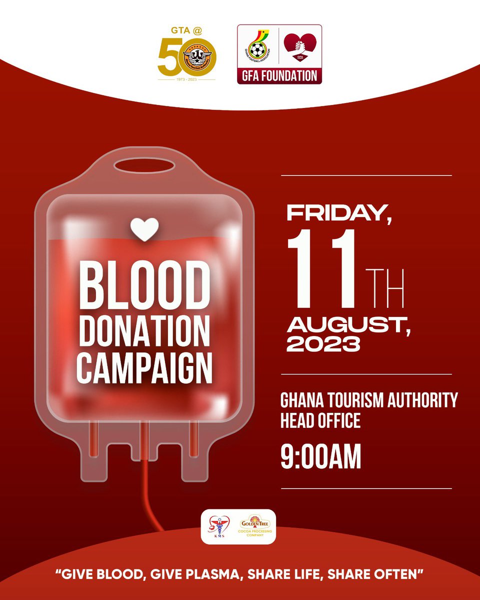 ghanafaofficial's tweet photo. The GFA Foundation has partnered with the @ghanatourismGTA to organize Blood Donation campaign.

The exercise will now take place on Friday, 11th August, 2023 at the Ghana Tourism Authority head office next to the GFA Secretariat at Ridge, Accra.

🔗 https://t.co/6nV65BFP1C https://t.co/wfr65JSLct