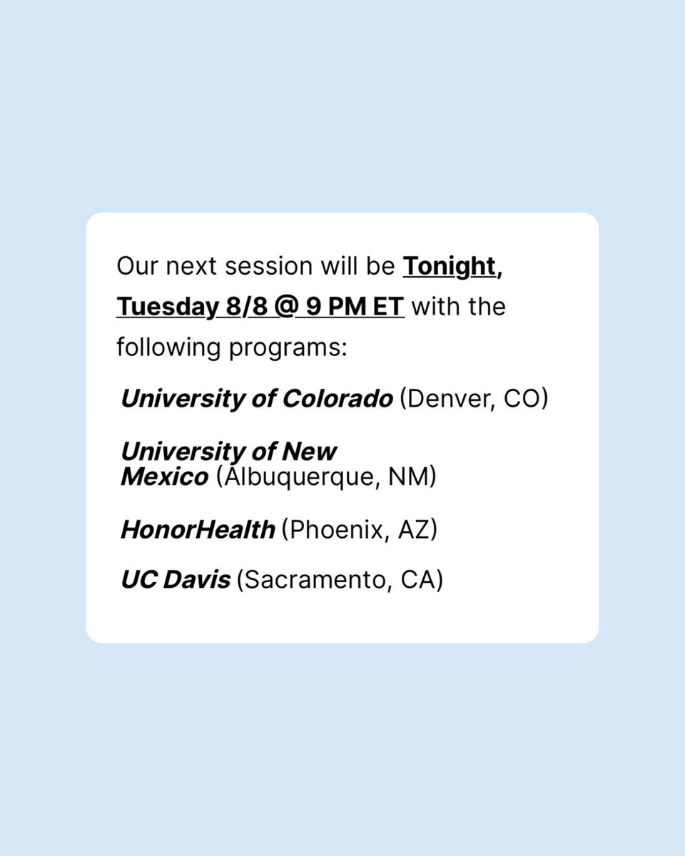 Our next #VRF2023 session will be Tonight, Tuesday 8/8 @ 9 PM ET with the following programs: 🩺 University of Colorado @cuphysmed 🩺 University of New Mexico 🩺 HonorHealth @pmrhh 🩺 UC Davis @ucdavispmr Register at link in bio 🔗 pmrscholars.org/virtualresiden… #Physiatry