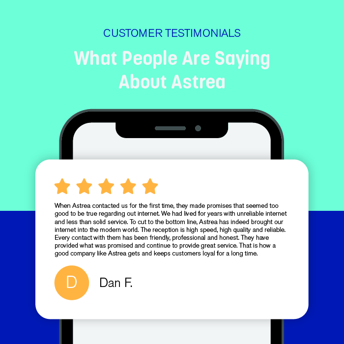 AstreaConnect's tweet photo. Searching for an Internet local Internet provider that connects you with speeds up to 1Gig and top notch customer service? Look no further. See what our customers are saying about us. Search your address to see if you qualify for Astrea service: https://t.co/PAzYbCoc05. https://t.co/T7HGxB7sAT