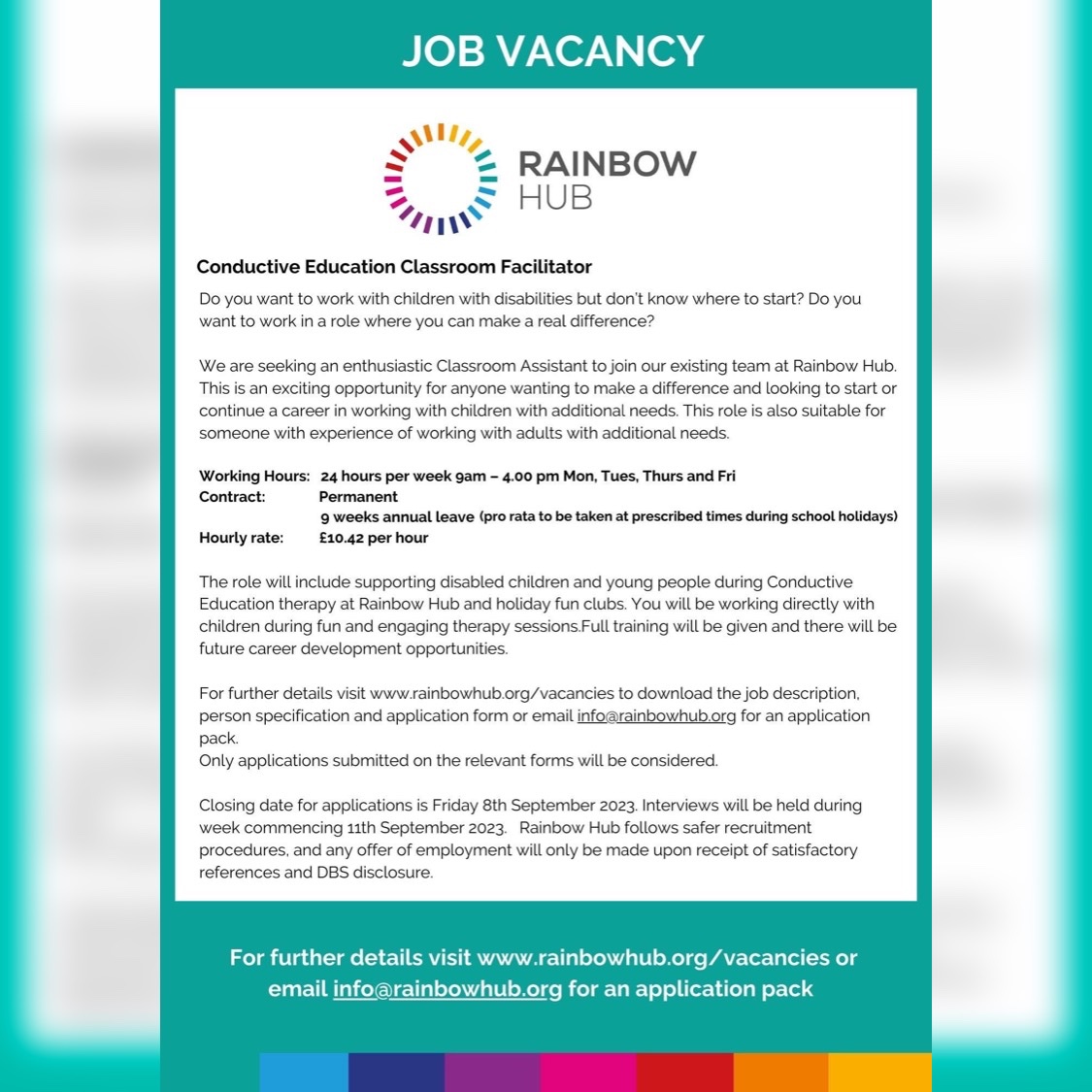 ⭐️ We are looking for a new Conductive Education Classroom Facilitator to come and join our team⭐️

Visit our website to find out more: rainbowhub.org/vacancies-2/

 #CharityJobs #conductiveeducation #workwithchildren #northwestjobs #childrenwithdisabilities #childrenwithspecialneeds