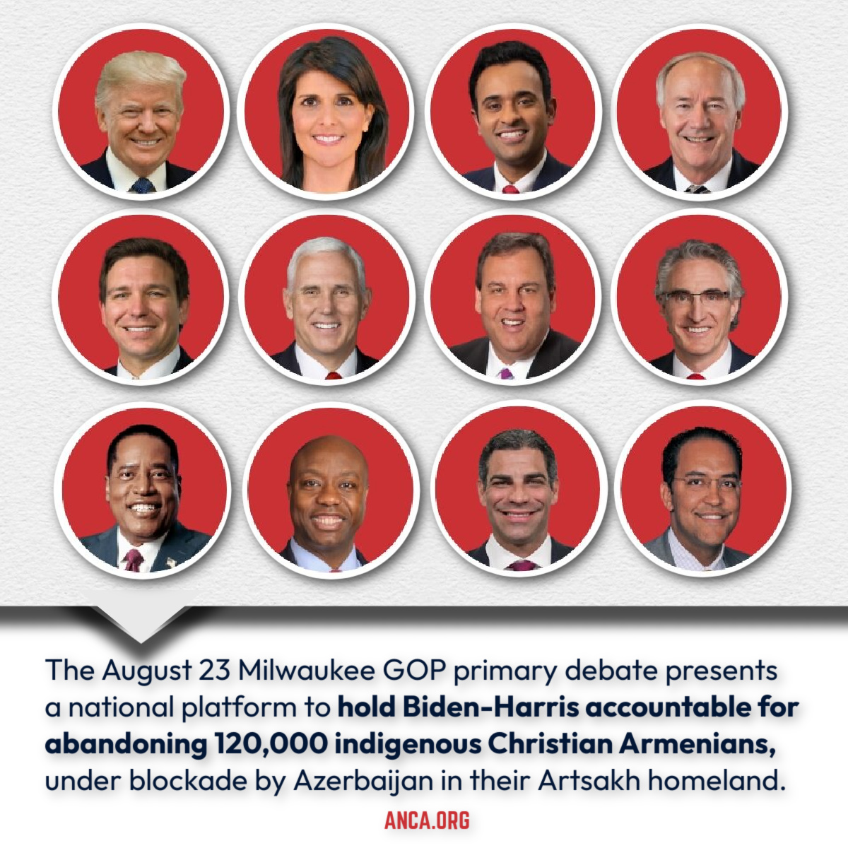 The August 23rd Milwaukee GOP presidential primary debate presents a national platform to hold the Biden-Harris Administration accountable for abandoning 120,000 indigenous Christian Armenians, under blockade by Azerbaijan in their #Artsakh homeland.