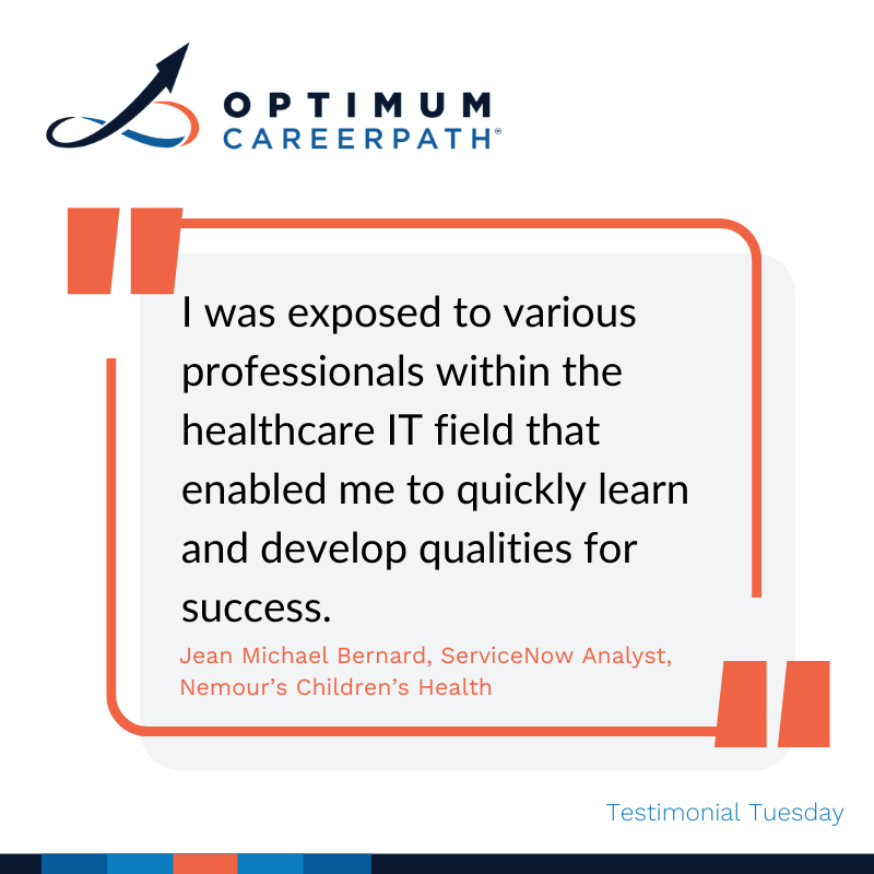OptCareerPath's tweet photo. CareerPath apprentice Jean Michael Bernard shares feedback from the talent acquisition program! Learn more about the program >>> https://t.co/eWuoVf311z https://t.co/ay9XEVbOP4