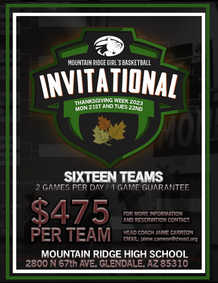 We are seeking 3 more teams to fill our newly expanded Thanksgiving tournament. 
<a href="/AZHSGirlsBball/">Az Girls Basketball</a> 
<a href="/GC3Hoops/">George Courtney</a>