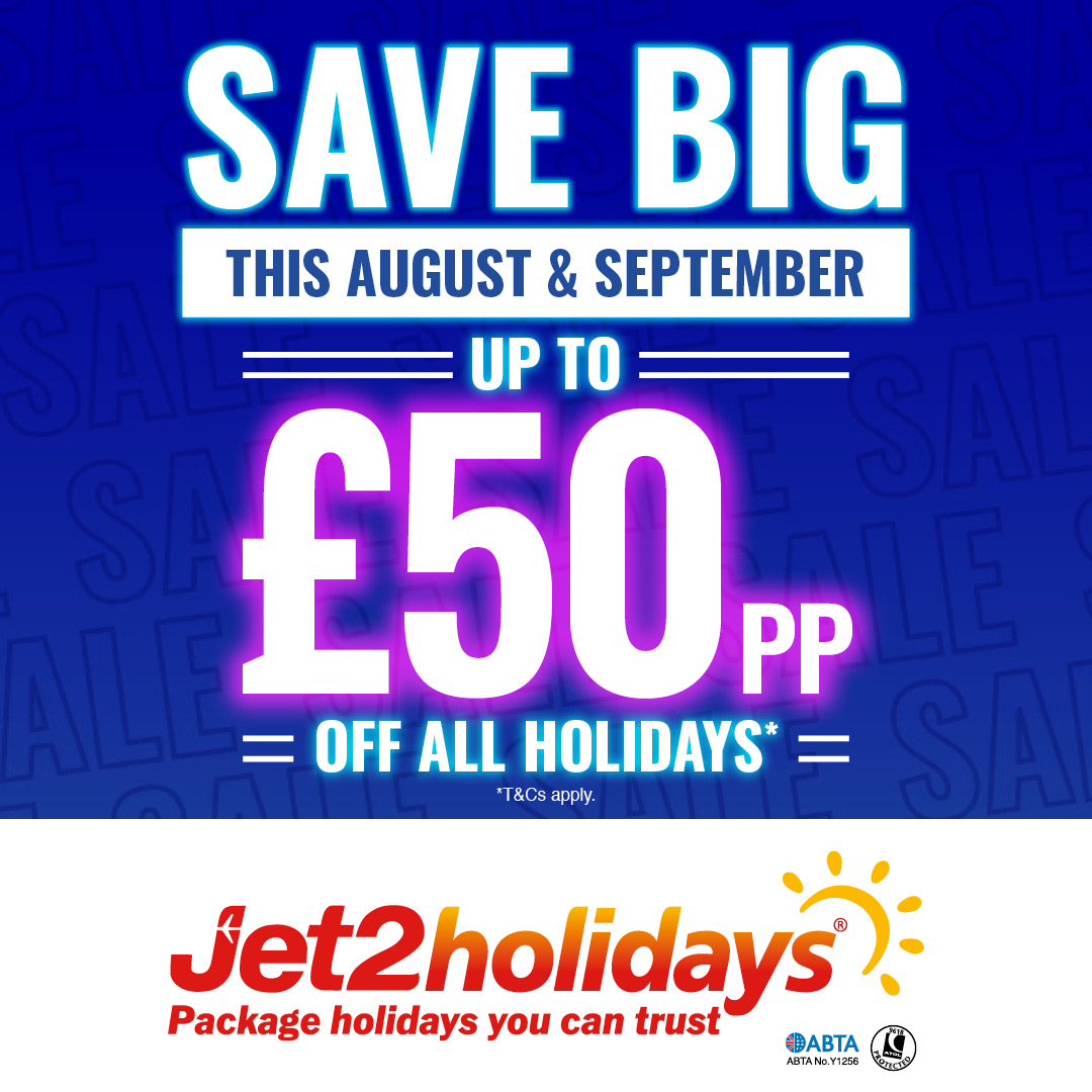 Save big this August &amp; September and book your Jet2 Holiday with us! 

Right now, you can save up to £50pp on all holidays this August &amp; September
We have dazzling last minute discounts across all dates and destinations
It's not too late for you to seize this summer