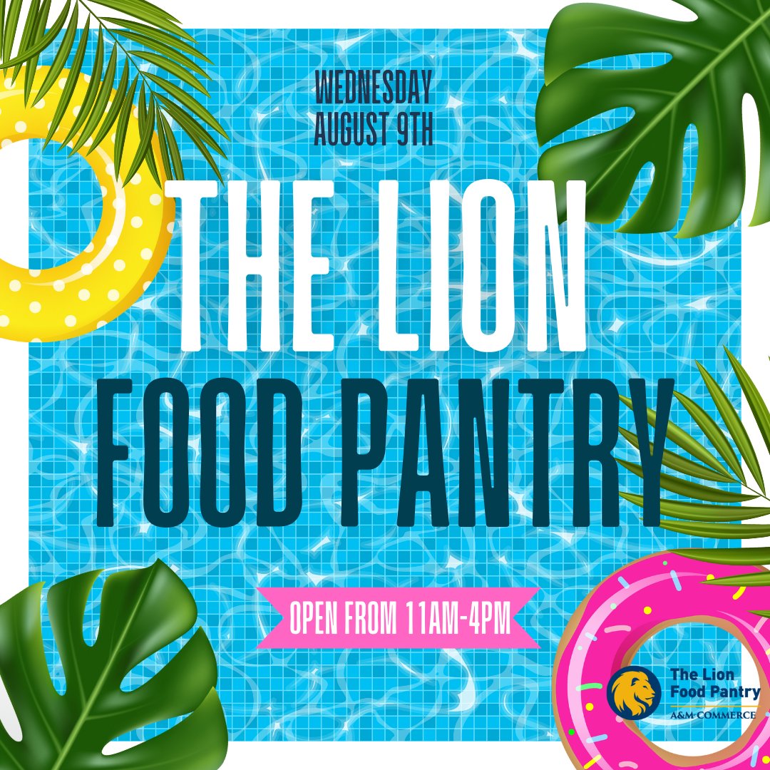 Hi Lions 😎! The Lion Food Pantry's last summer opening is this Wednesday, August 9th from 11am-4pm! For assistance outside of our usual hours, please email us at LionPantry@tamuc.edu.