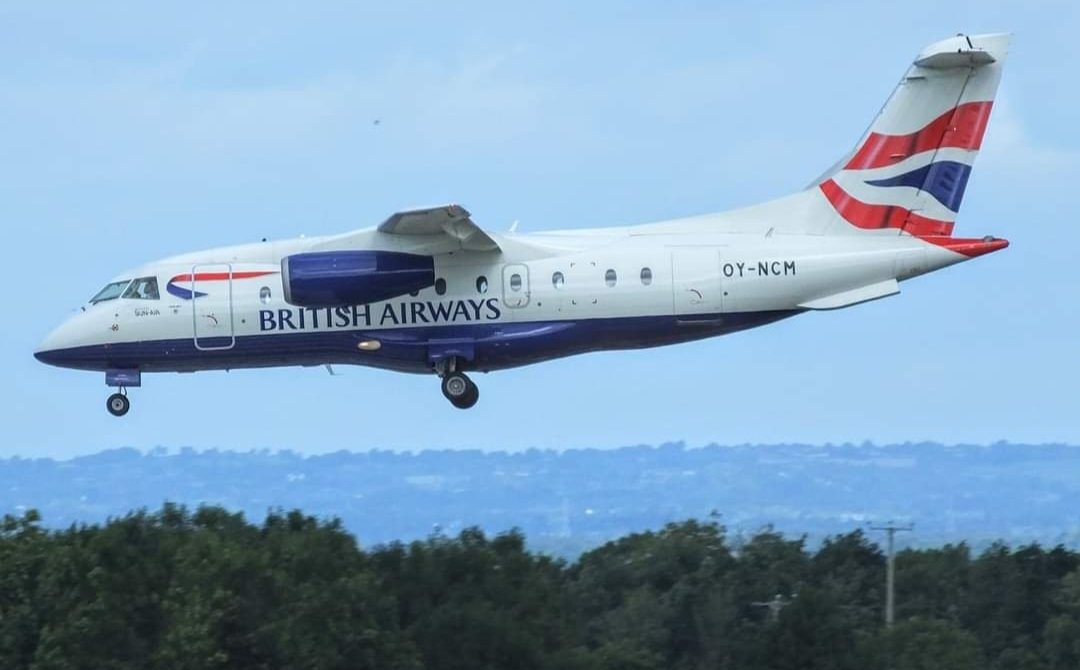 Unusual visitor to Belfast International recently! British Airways / Sun Air Dornier 328JET seen arriving recently on a football charter. Pic courtesy Alan Jackson.