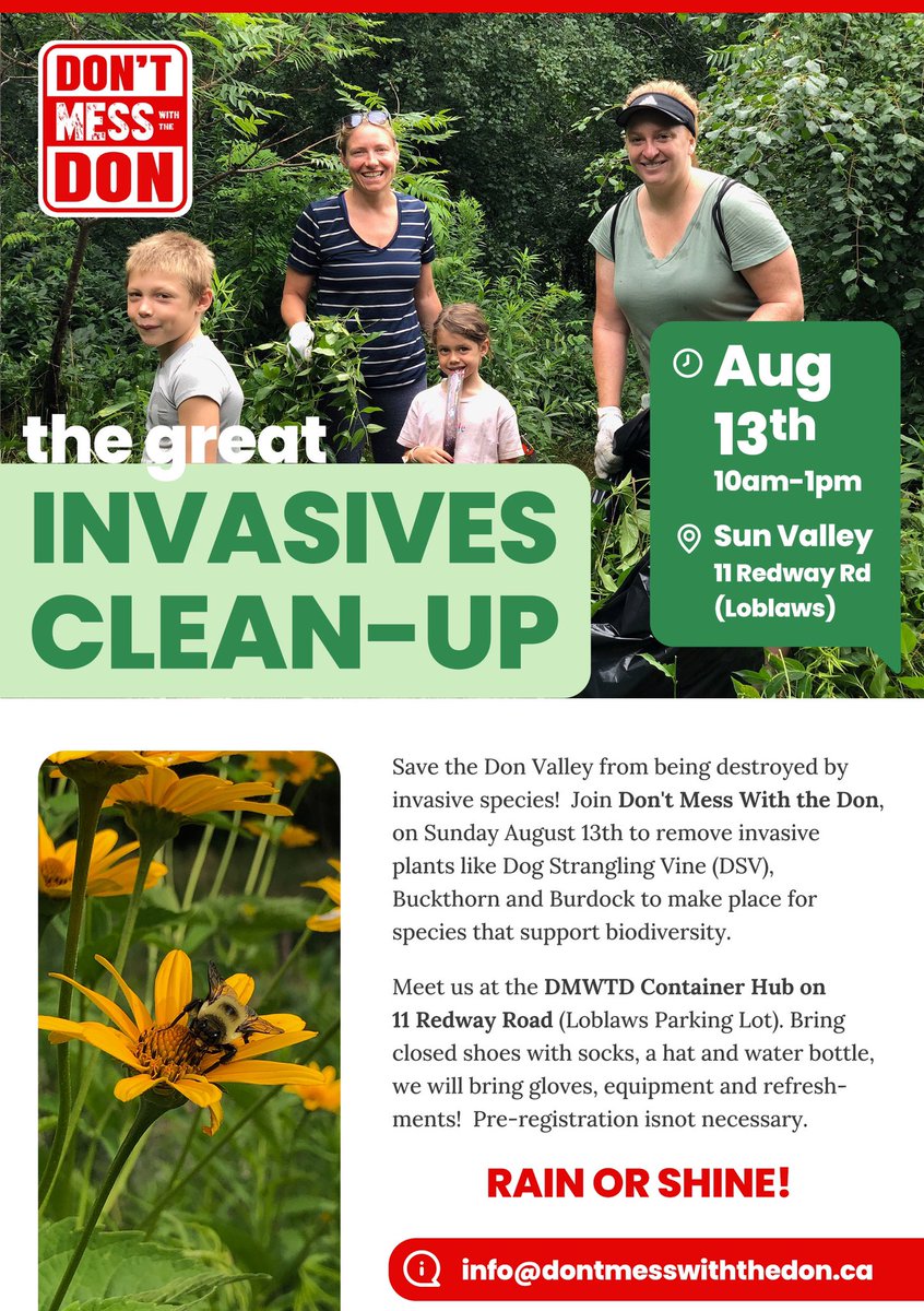 This Sunday! Join us 10am-1pm to remove invasive species out of the Don Valley. Meet at 11 Redway road (Loblaws parking lot) family friendly!! #donvalley #freeevents #volunteerToronto