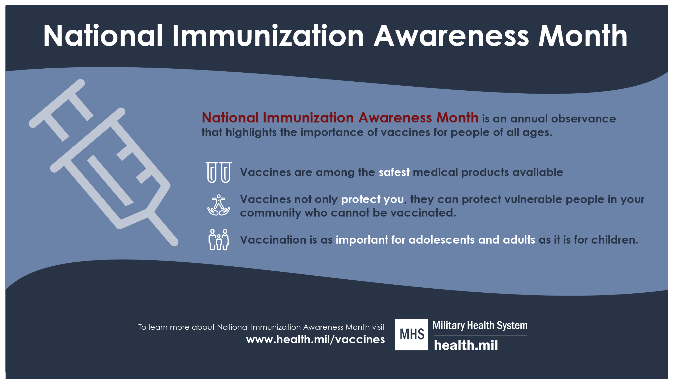Immunizations are the most effective way to prevent infectious diseases.
Are you and your loved ones up to date on all vaccines?
Get info on <a href="/TRICARE/">TRICARE</a>-covered immunizations here: tricare.mil/immunizations