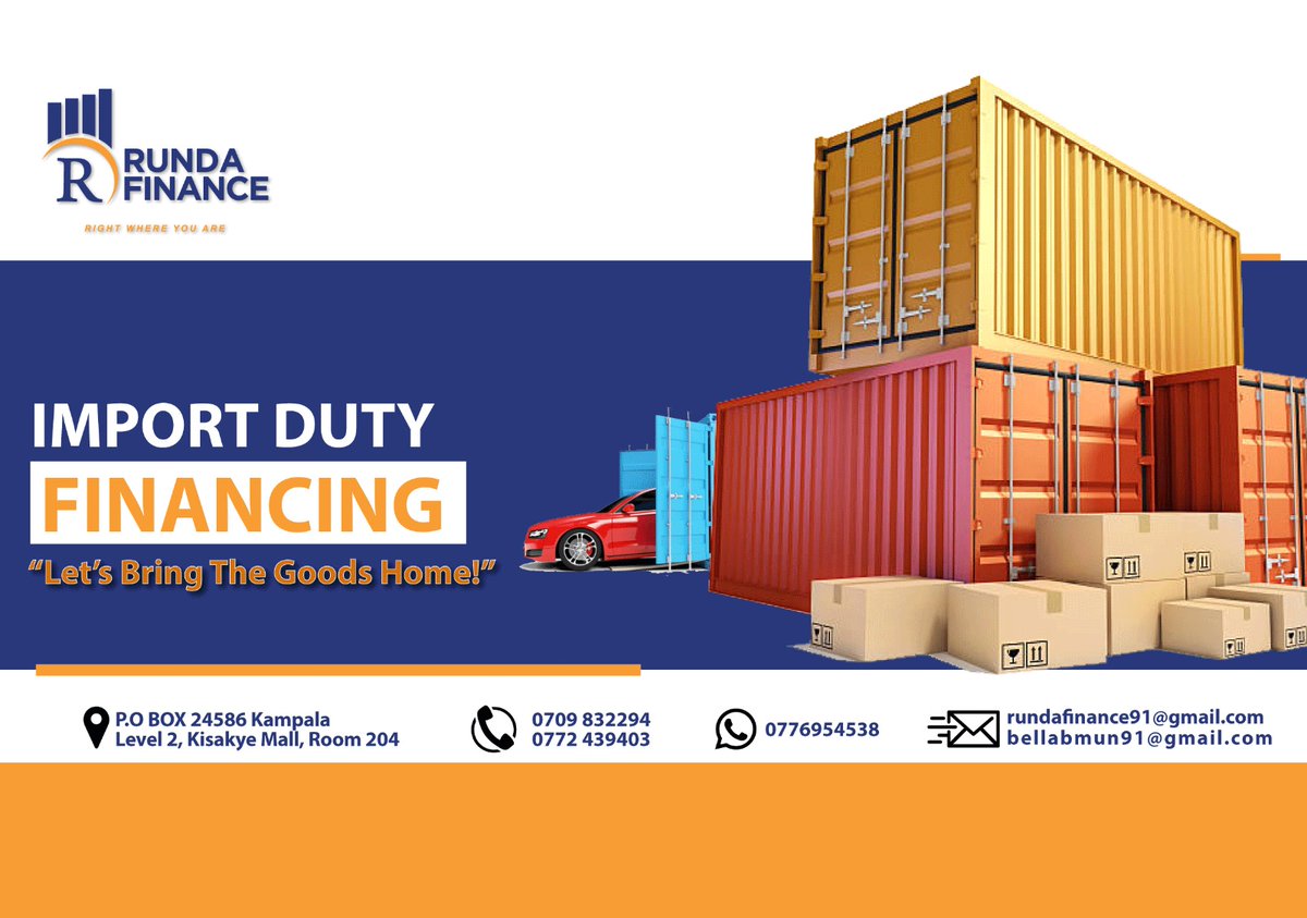 RundaFinance's tweet photo. Does your business run on liquidity! Lets help you defer upfront duty payments for your goods for a later time with Runda Finance import duty financing.
 
#IMPORTDUTYFINANCING #Finance https://t.co/jQI4SGcVnJ