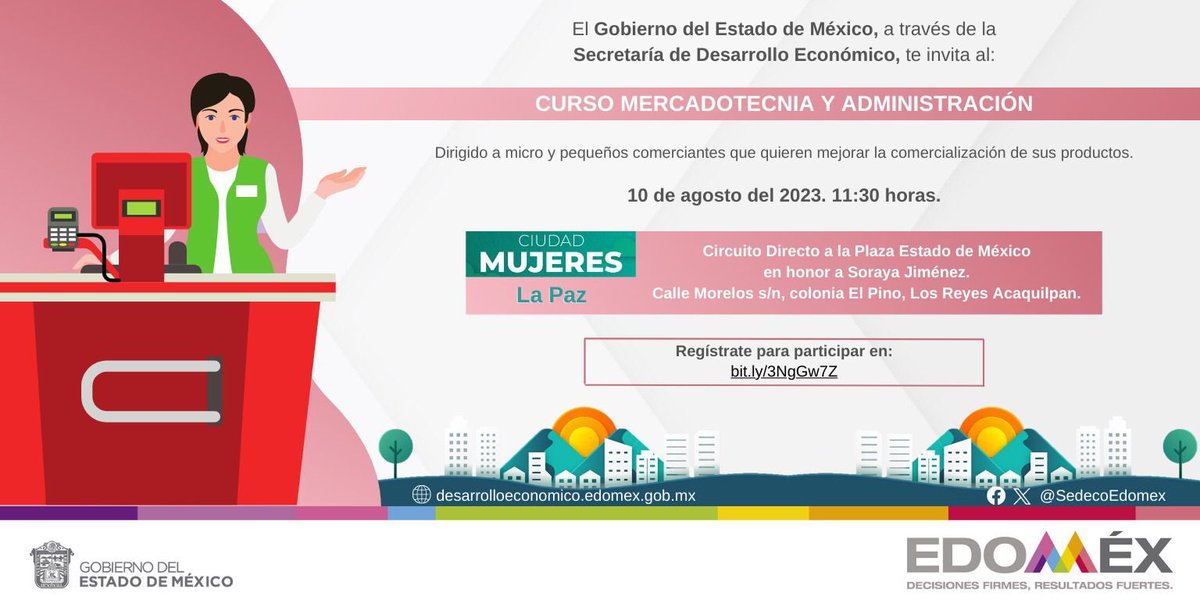 #CiudadMujeres #LaPaz será la sede del curso “Mercadotecnia y Administración”.

🗓 10 de agosto
⏰ 11:30 horas

Podrás tener a tu alcance herramientas innovadoras para fortalecer tu negocio.
¡No te lo pierdas!