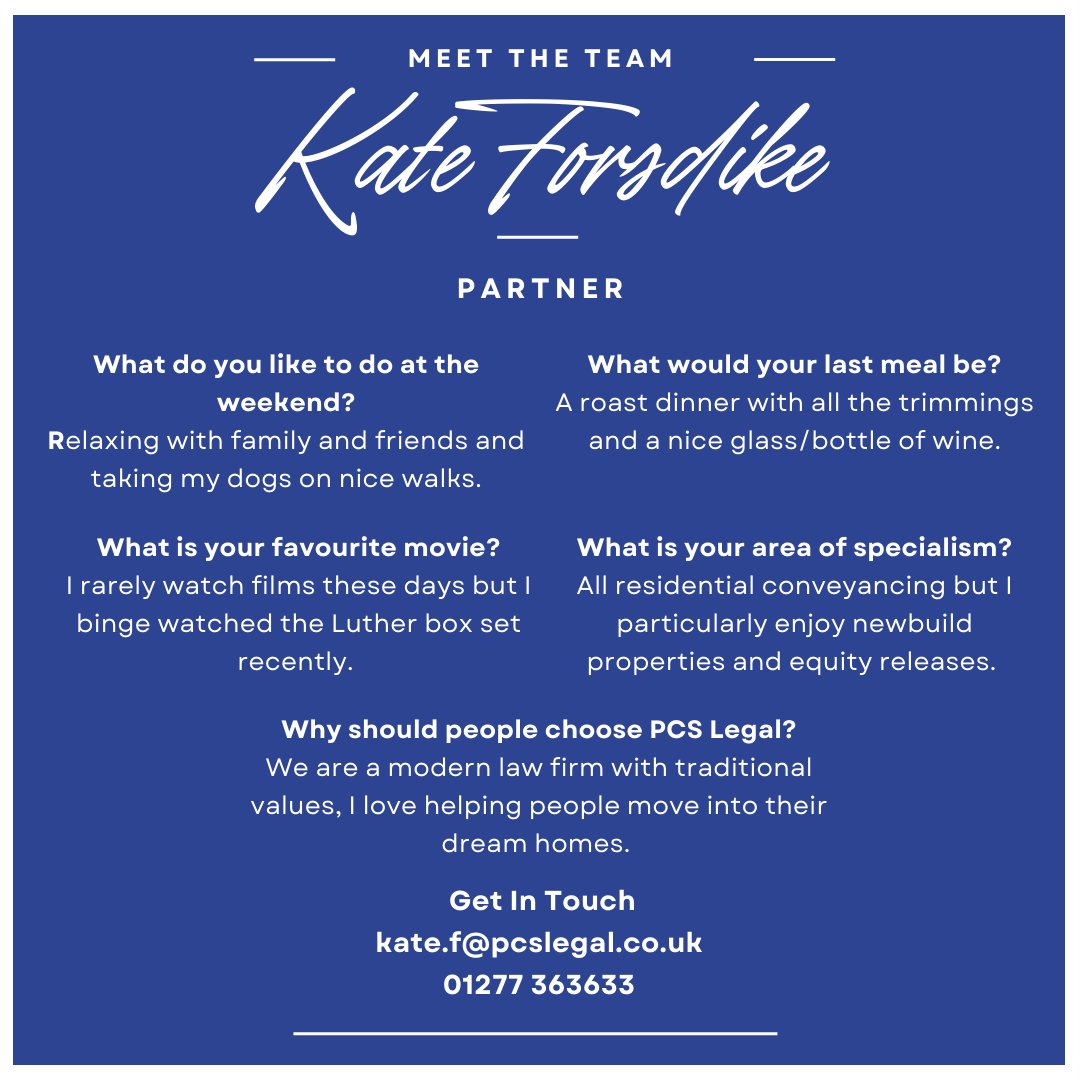PCSLEGAL's tweet photo. Meet The Team - Kate Forsdike! ✨

Get to know the driving force behind our Ongar office! From sharing her favourite aspects of the industry, to her love for making your property dreams a reality, Kate reveals the answers to our usual Meet The Team questions! 🏘️

#meettheteam https://t.co/48v59gEgaA