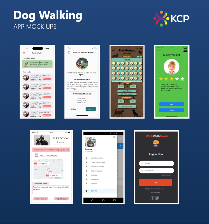 Wrapping up the Business Analyst bootcamp with the final exercise, the apprentices were tasked with designing a functional prototype for a dog walking app.  Here are a few snippets showcasing the mock-ups they generated. Congrats to them for their completion of the bootcamp!
