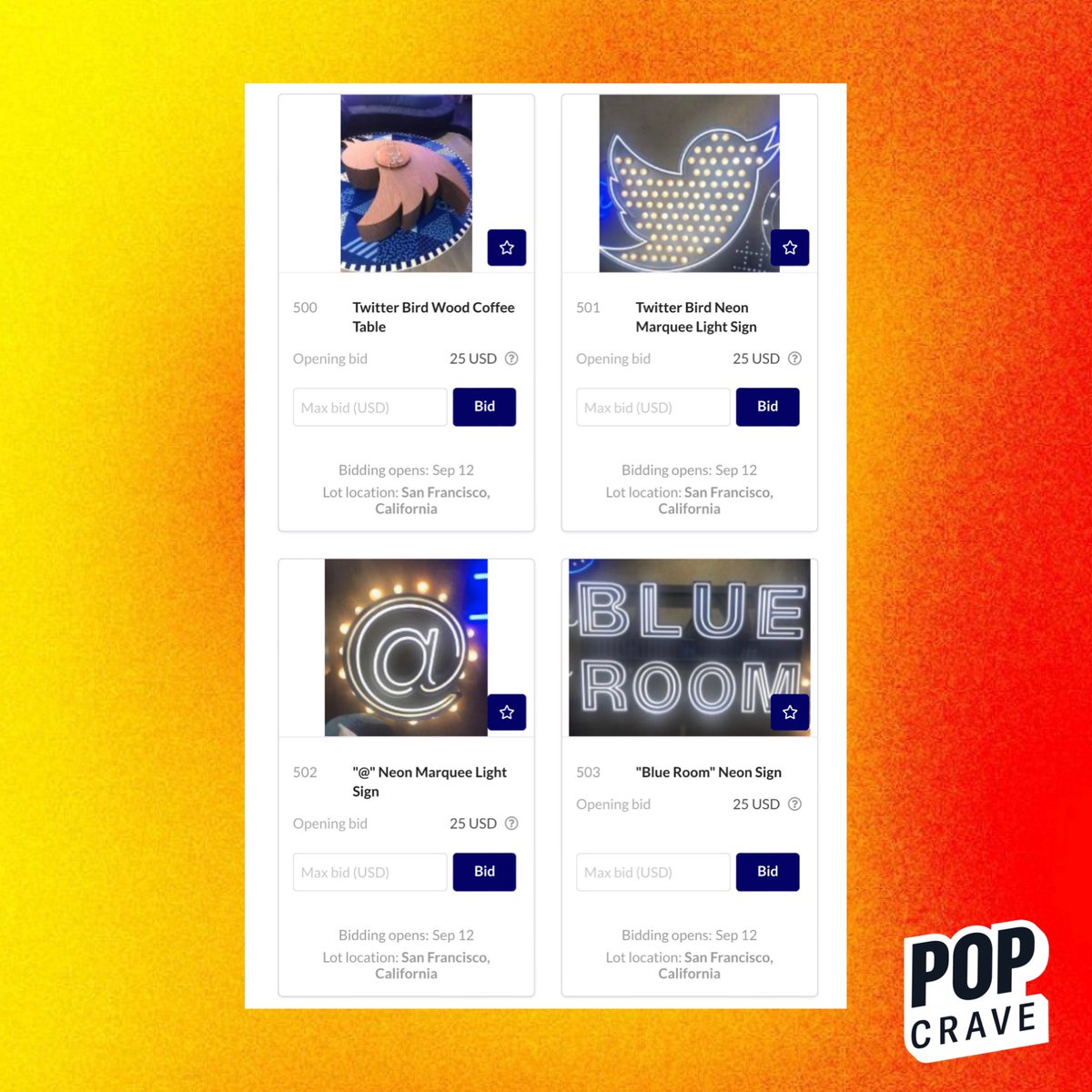 PopCrave's tweet photo. X is auctioning off signs and other items from the former Twitter HQ. 

🔗: https://t.co/UEBsV9UToH https://t.co/dVb5UtjkA7