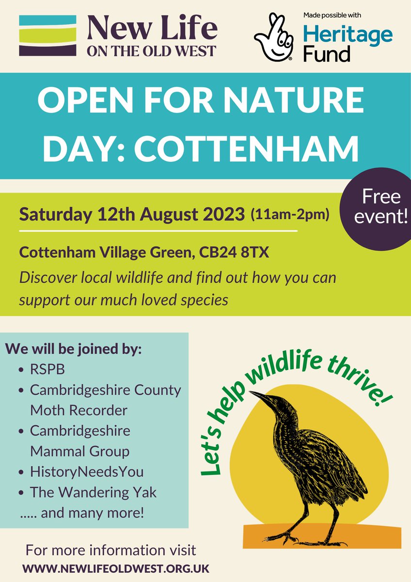 Only 4 days to go until our Open for Nature day at Cottenham Village Green this Saturday (11am-2pm)! 

Discover local wildlife, try crafts such as wildlife willow weaving, watch a live theatre performance about Hereward the Wake &amp; more!