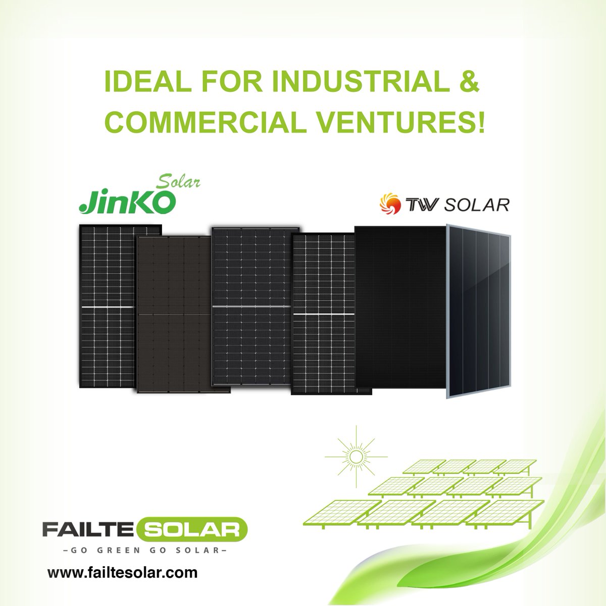 Large stock of Jinko Solar Panels &amp; TW Solar Panels are Available at Failte Solar, they are Perfect for industrial and commercial Projects!

Contact our Sales Team Today at sales@failtesolar.com or Tel: +353 61 475 839.