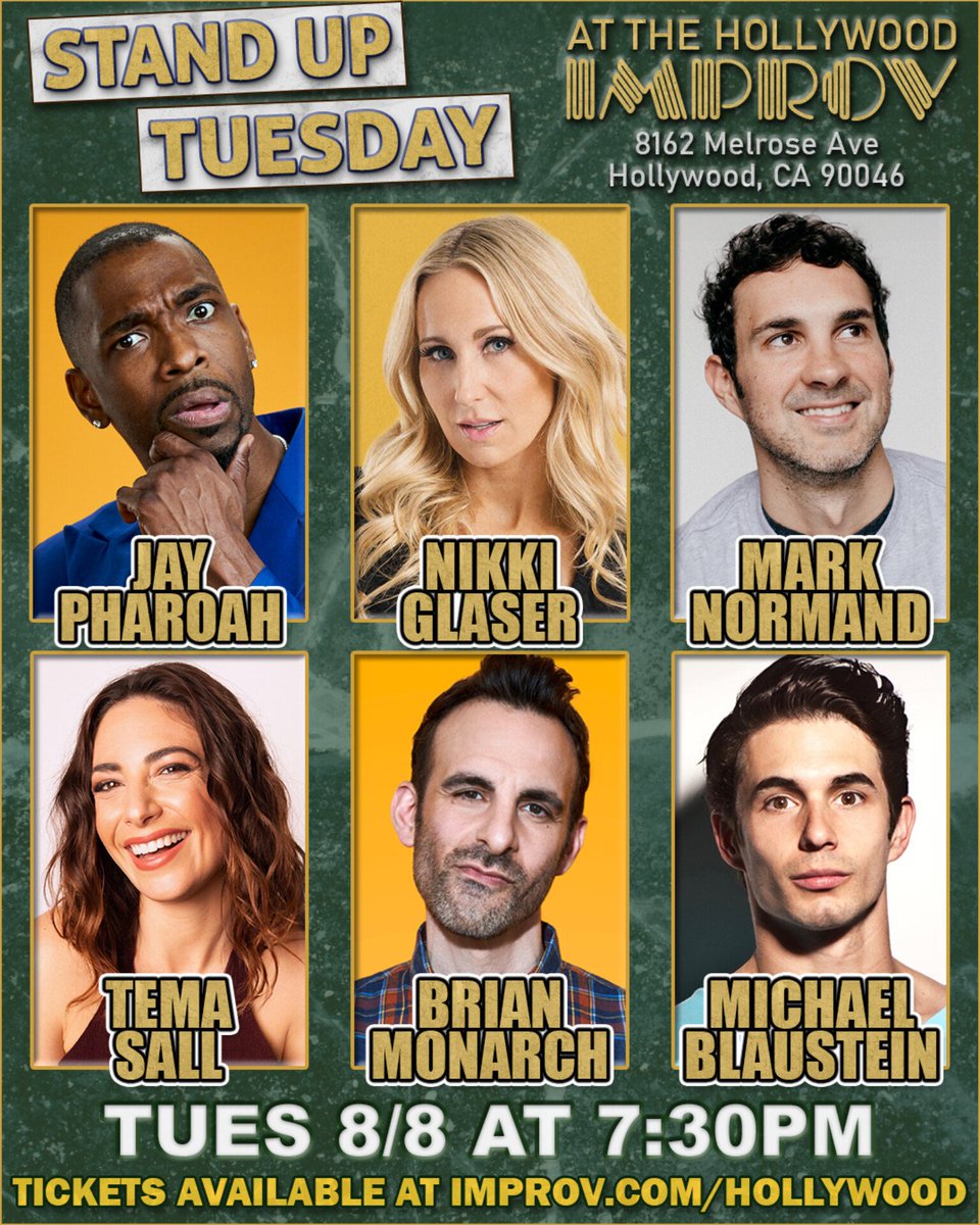 Big show tonight at 7:30 in The Main Room featuring <a href="/JayPharoah/">Pharoah</a> <a href="/NikkiGlaser/">Nikki Glaser</a> <a href="/marknorm/">mark normand</a> <a href="/temasall/">Tema Sall</a> <a href="/brianmonarch/">Brian Monarch</a> <a href="/blaucomedy/">Michael Blaustein</a> +more! Limited tickets left at hollywoodimprov.com #hollywoodimprov #comedy