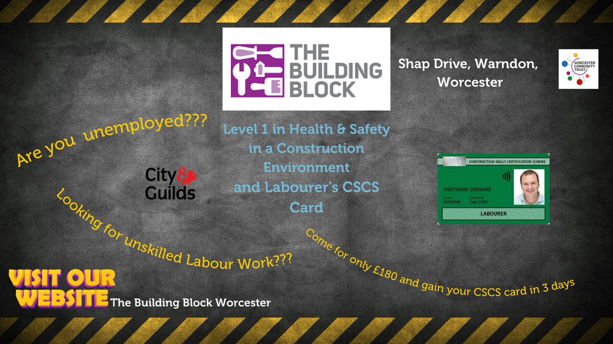 The Building Block Worcester - H&amp;S Level 1, CSCS card- 3 Days - £180
9th-11th October- Book your place here:
worcestercommunitytrust.arlo.co/w/courses/21-c…
#cscs #labourer #worcester