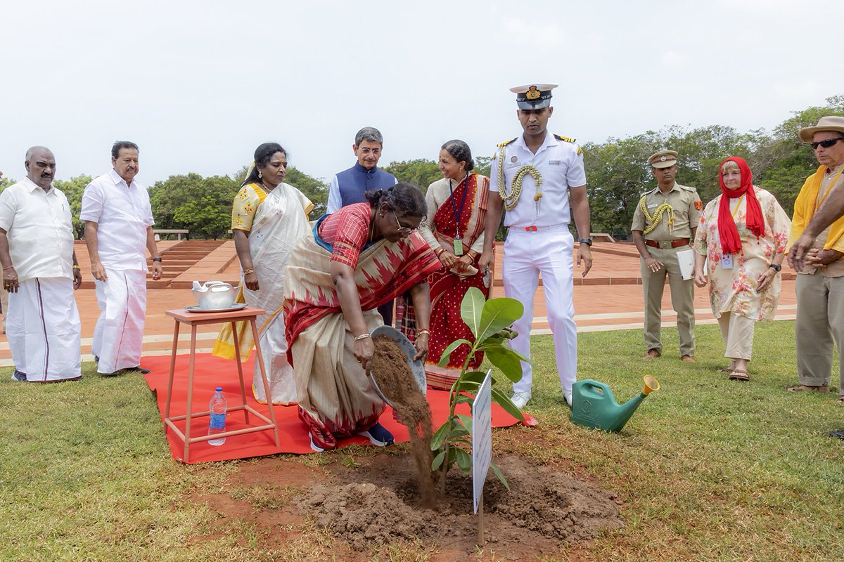 JayantiRavi's tweet photo. The sapling of the Tree of Supramental Action - named by The Mother was planted in Matrimandir garden by Smt. Droupadi Murmu @rashtrapatibhvn, Hon'ble President of India. #Auroville #Matrimandir #TreeSapling https://t.co/fCLkqsxOq2
