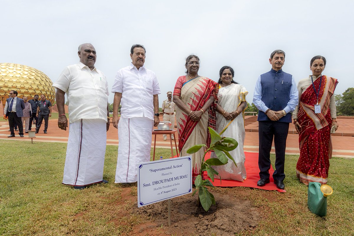 JayantiRavi's tweet photo. The sapling of the Tree of Supramental Action - named by The Mother was planted in Matrimandir garden by Smt. Droupadi Murmu @rashtrapatibhvn, Hon'ble President of India. #Auroville #Matrimandir #TreeSapling https://t.co/fCLkqsxOq2